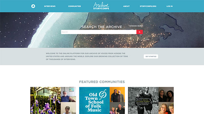 Screenshot of the StoryCorps Archive website, made with WordPress