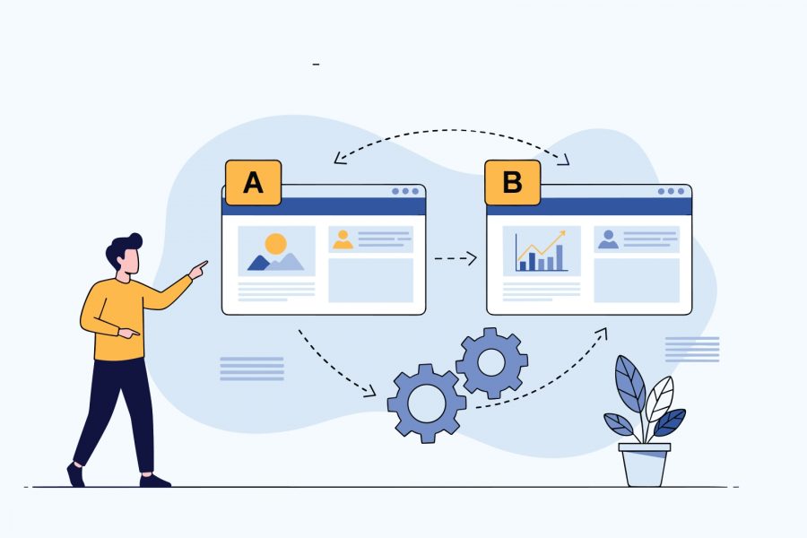 Header image showing a cartoon man interacting with an A/B test output