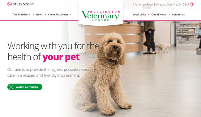 Screenshot of the front page of the Bollington Veterinary Centre's website