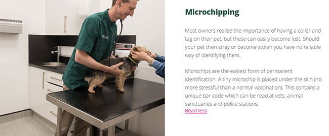 Screenshot of the microchipping advice on the Bollington Veterinary Centre's website