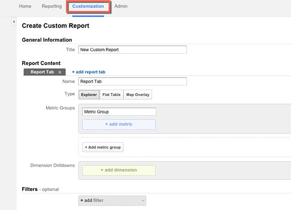 Screenshot of the Create Custom Report page in Google Analytics