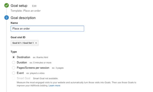 Screenshot of the Goal Description page in Google Analytics