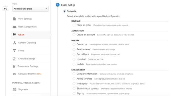 Screenshot of the Goal Setup page in Google Analytics