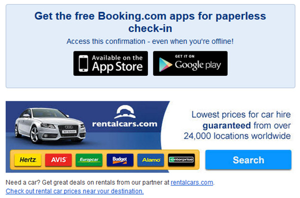 Screenshot of Booking.com's email cross-selling