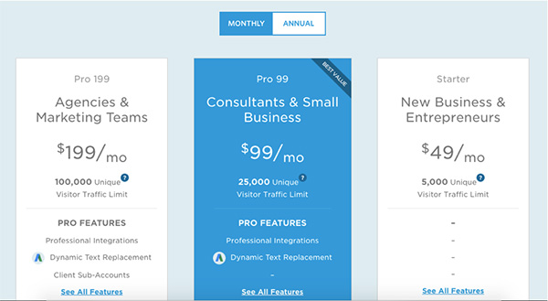Screenshot of Unbounce's upselling to their Pro package
