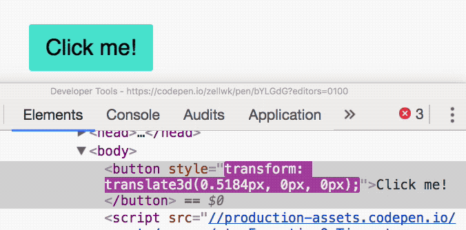 Animated GIF showing how the JavaScript updates the CSS property for the Click Me button