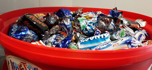 A tub of Celebrations chocolates in the Heart Internet kitchen