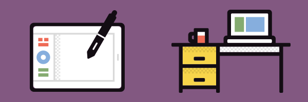 A drawing tablet for designing images and a desk with a laptop on it for designing emails