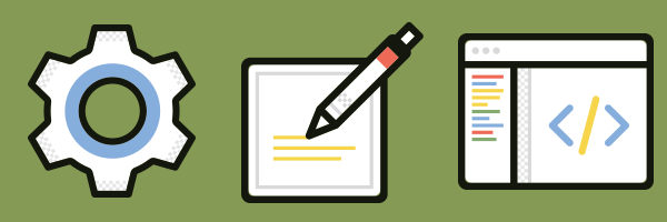 Icons of a gear, a pen composing on a sheet of paper, and a code window