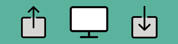 Icons of an upload, a monitor, and a download