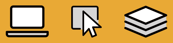 Icons of a laptop, an mouse arrow on a screen, and a stack of paper