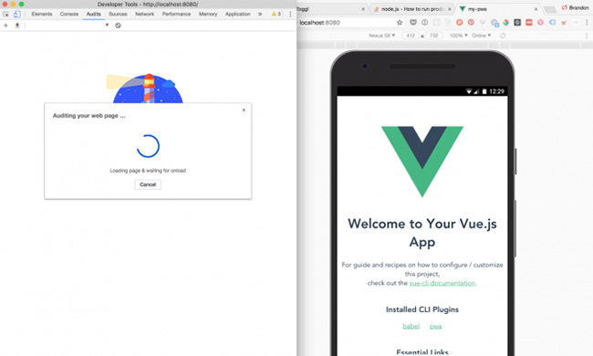 A screenshot of two browser windows showing how to develop with Vue.js
