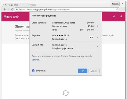 The Magic Web example of the payment request feature in a desktop browser