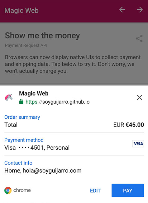 A Magic Web example of the Payment Request feature in a mobile browser