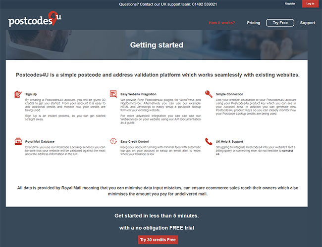 The getting started page for Postcodes4u