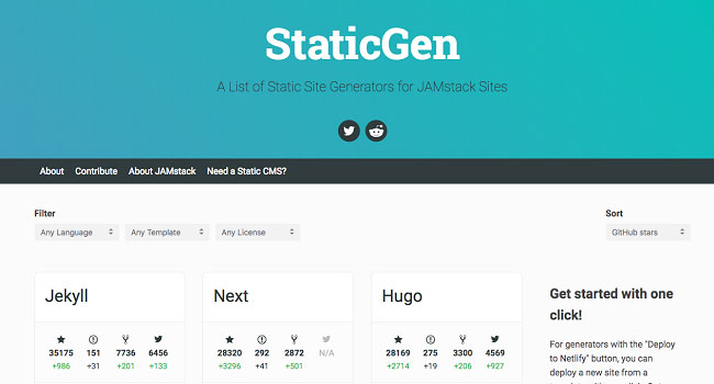 Screenshot of the StaticGen website