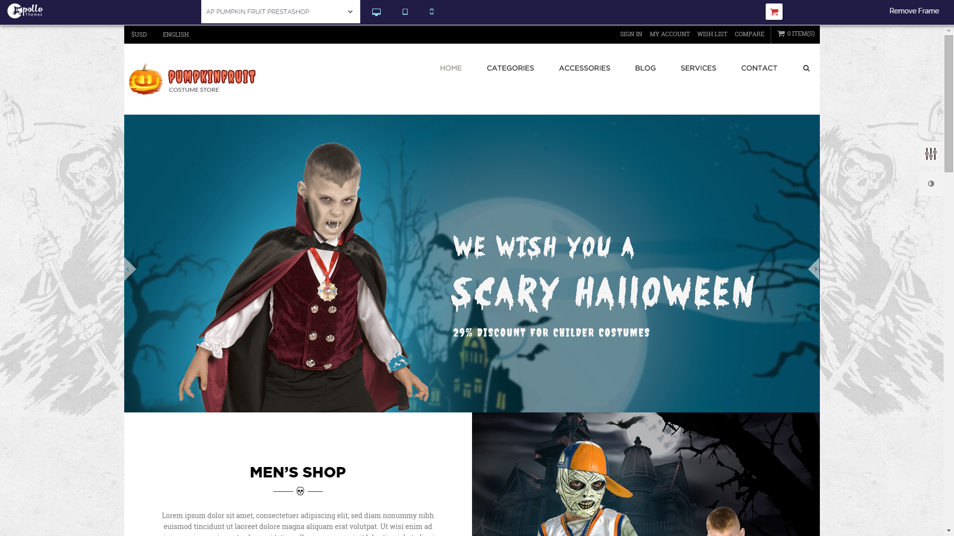 Screenshot of Pumpkin Fruit e-commerce template for PrestaShop