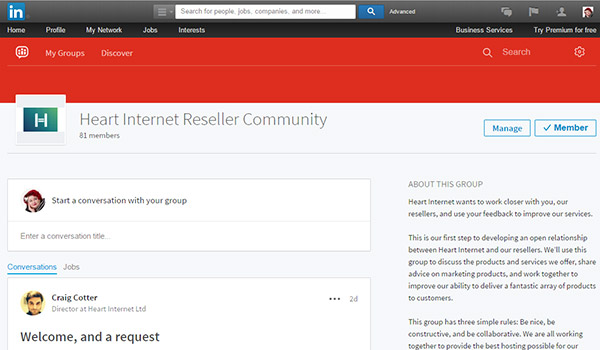 Screenshot of the Heart Internet Resellers Community