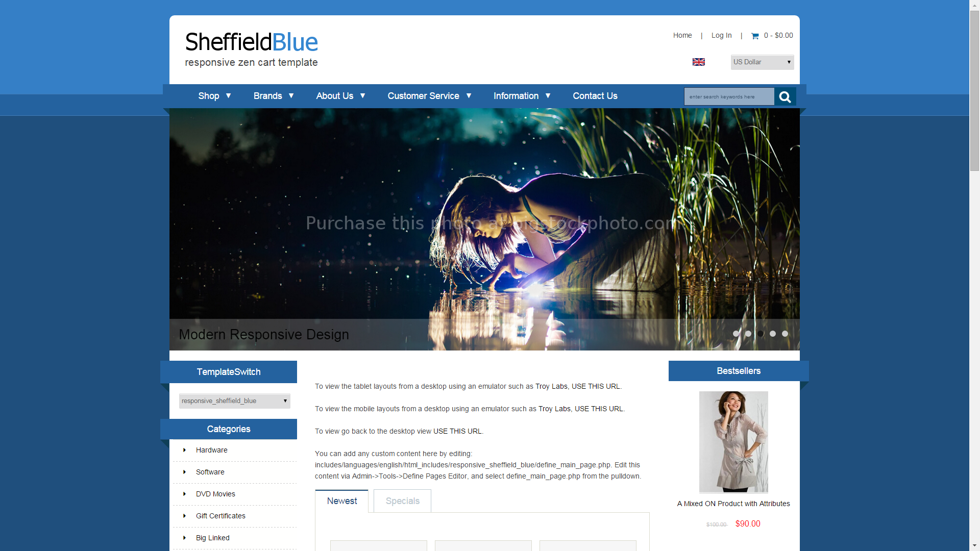 Screenshot of Sheffield Blue e-commerce template for ZenCart
