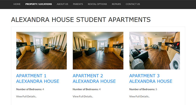 An example of the apartment listings on the Castle Homes University Lettings site