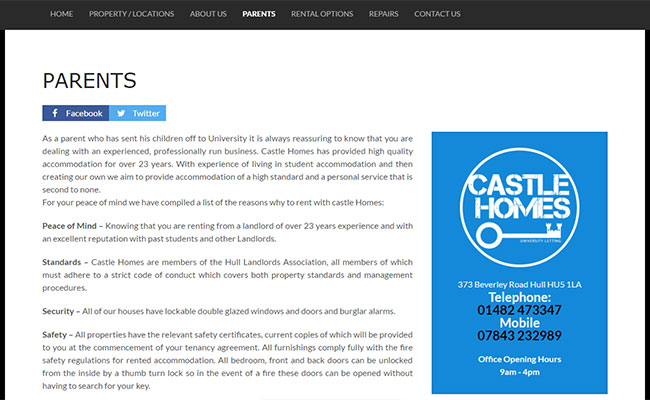A page focused on parents from the Castle Homes University Lettings site