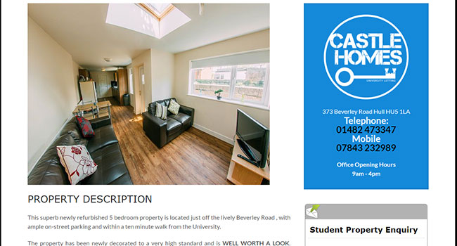 A single apartment listing on the Castle Homes University Lettings site