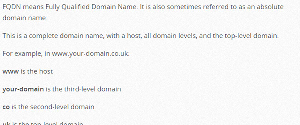 Screenshot of a guide that explains what the acroynm FQDN means in the Heart Internet Support Database