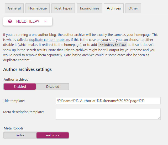 Screenshot of the Yoast plug-in showing the Archives tab in the Titles and Metas section