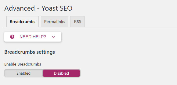 Screenshot of the Yoast plug-in showing the Breadcrumbs tab in the Advanced section