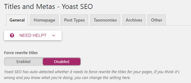 Screenshot of the Yoast plug-in showing the Force Rewrite Titles section under the General tab in Titles and Metas