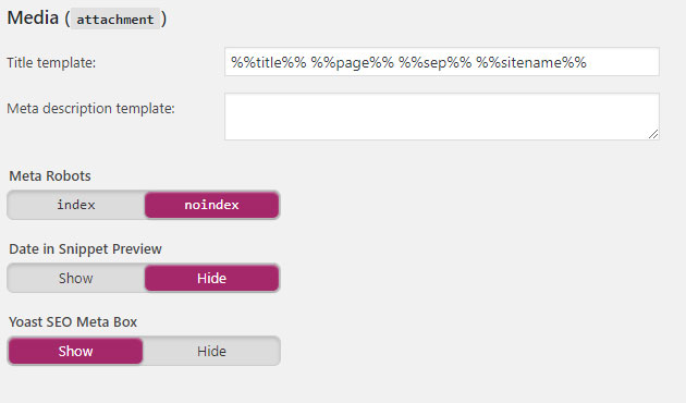 Screenshot of the Yoast plug-in showing the Media settings in the Post Types tab in the Titles and Metas section