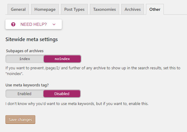 Screenshot of the Yoast plug-in showing the Other tab in the Titles and Metas section