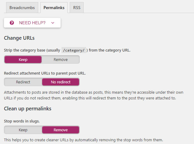 Screenshot of the Yoast plug-in showing the Permalinks tab of the Advanced section