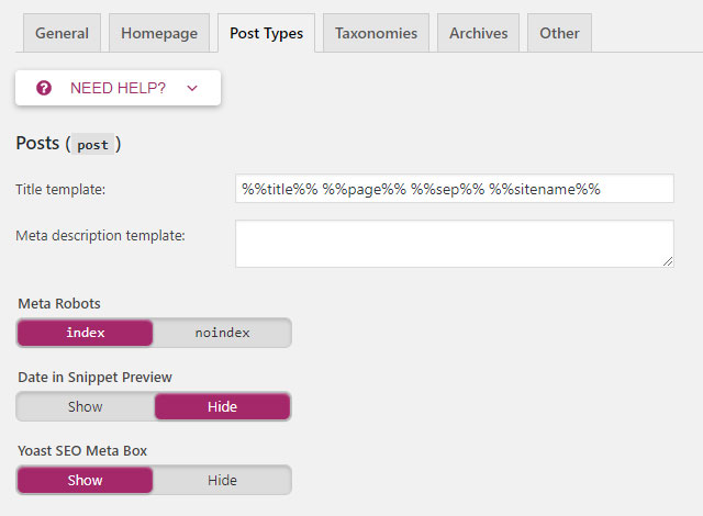 Screenshot of the Yoast plug-in showing the Post Types tab in the Titles and Metas section