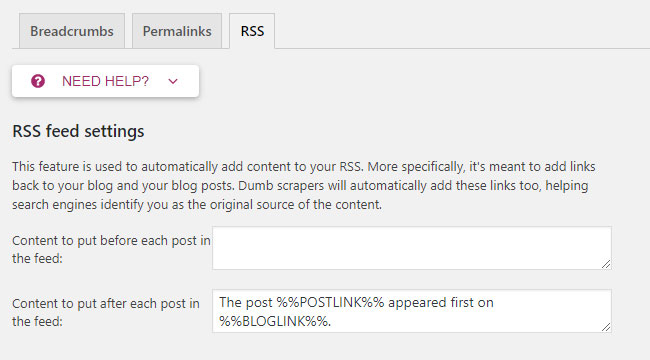 Screenshot of the Yoast plug-in showing the RSS tab in the Advanced section