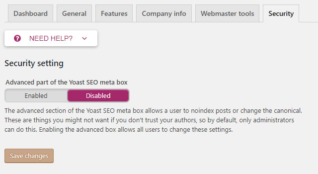 Screenshot of the Yoast plug-in showing the Security tab with the Advanced part of the SEO meta box