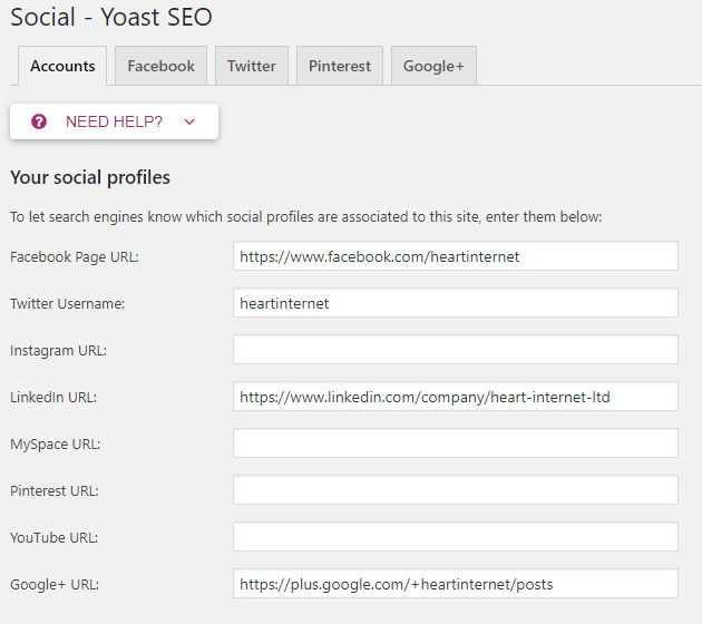 Screenshot of the Yoast plug-in showing the Accounts tab of the Social section