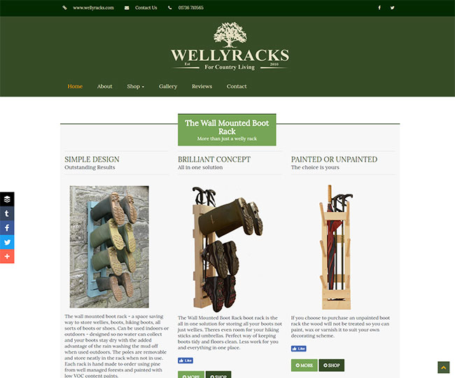Screenshot of the front page of Wellyracks