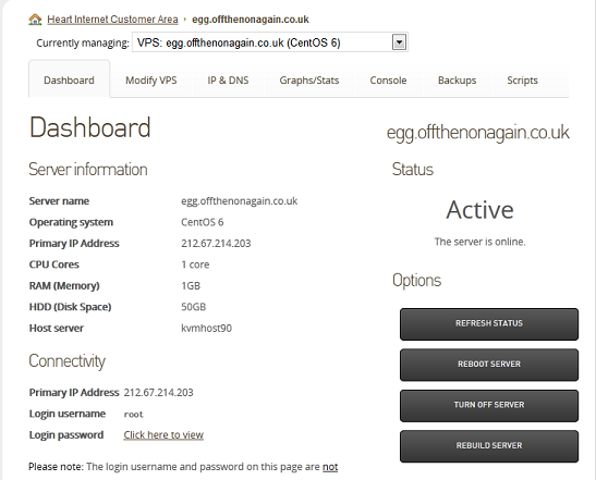 Screenshot of the Heart Internet Server Control Panel